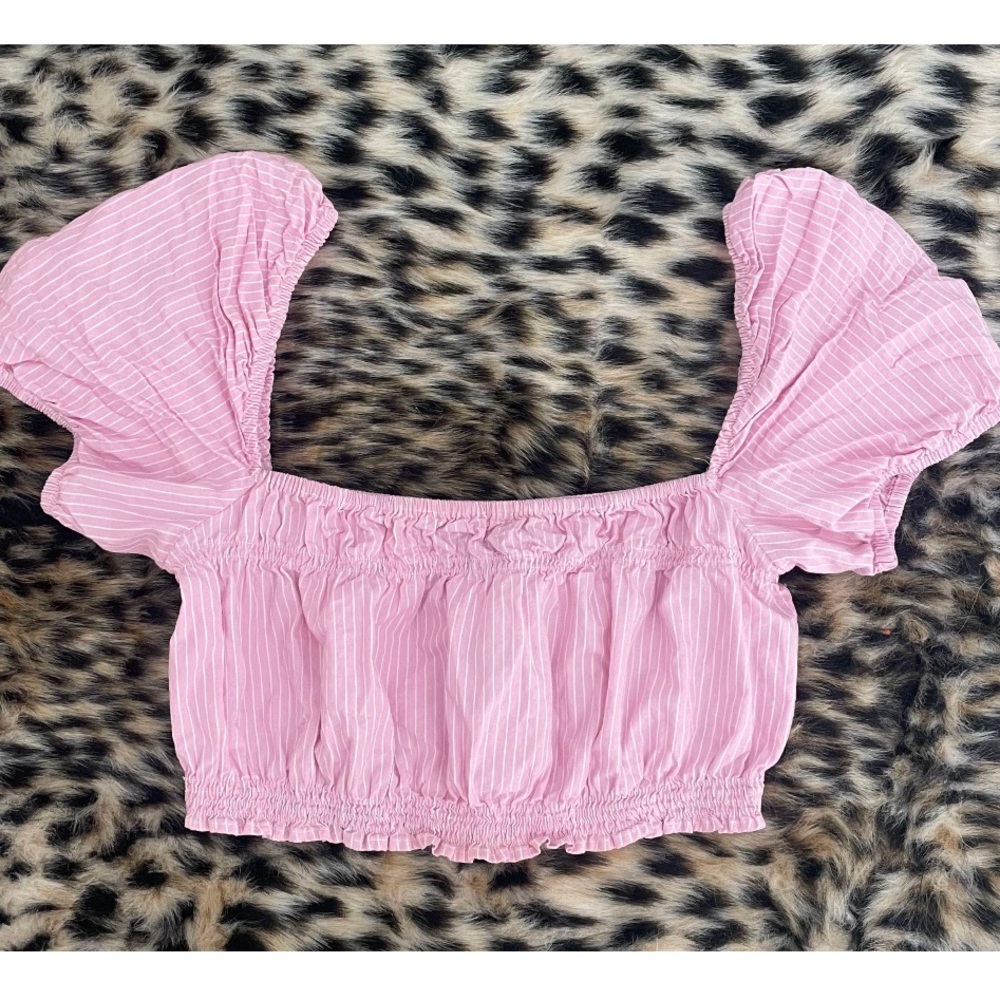 ZARA Light Pink and White Striped Puff Sleeve Crop Top